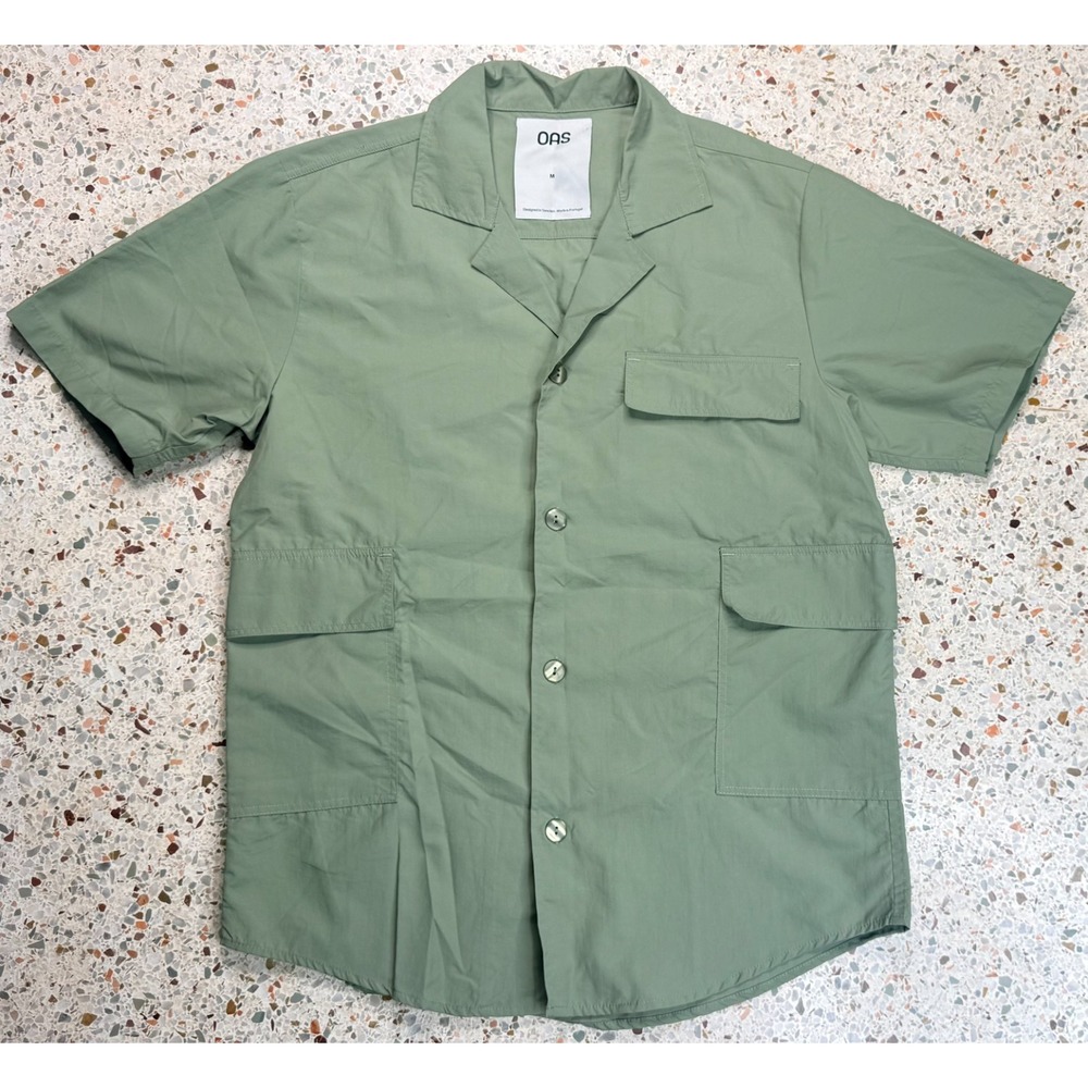 OAS Men's Short Sleeve Green Treck Nylon Button Up Army Shirt Size Medium